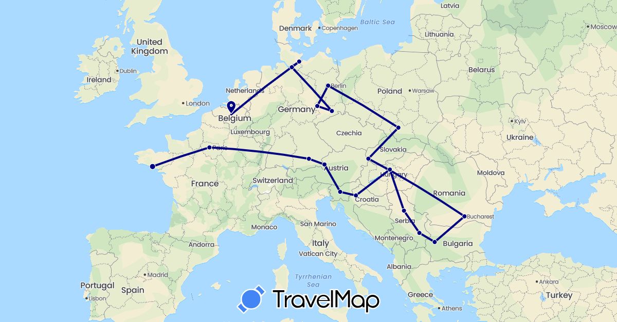 TravelMap itinerary: driving in Austria, Belgium, Bulgaria, Germany, France, Croatia, Hungary, Poland, Romania, Serbia, Slovenia, Slovakia (Europe)